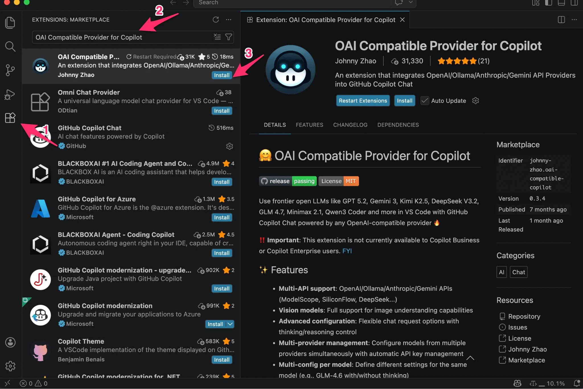 安装 OAI Compatible Provider for Copilot 扩展